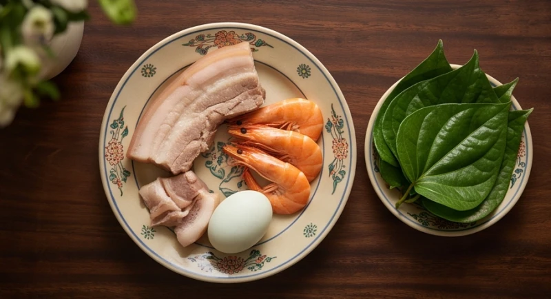 Bộ Tam sên gồm thịt heo luộc, tôm và trứng vịt được xếp gọn gàng bên cạnh đĩa trầu cau têm cánh phụng