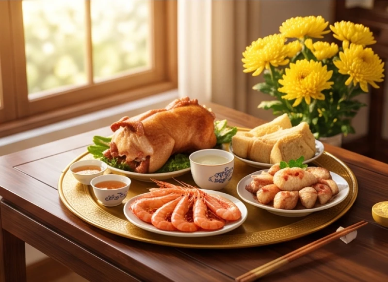 Mâm cúng bốc bát hương Thần Tài với thịt quay, tôm, bình hoa cúc vàng tươi và chén rượu trắng