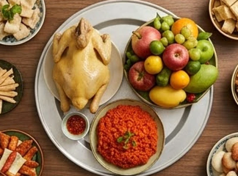Mâm cúng mặn và mâm chay được sắp xếp tươm tất với gà luộc, xôi gấc, ngũ quả và hoa tươi