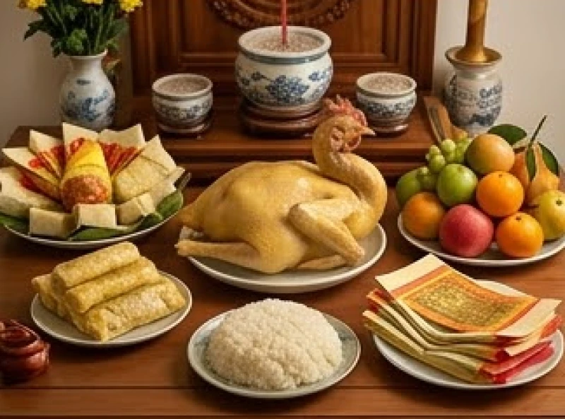 Tổng thể mâm lễ vật dâng cúng bốc bát hương với đầy đủ xôi gà ngũ quả và vàng mã