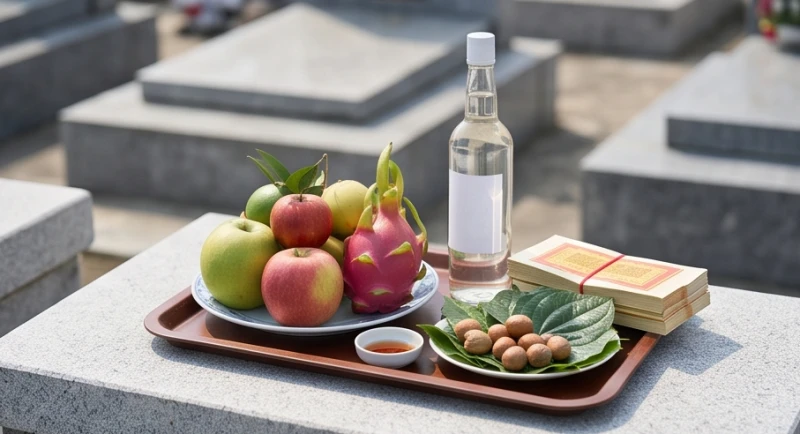 Mâm lễ mỏng gồm đĩa hoa quả, rượu trắng và trầu cau dâng tại nghĩa trang trước ngày giỗ chính