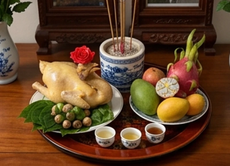 Văn khấn tiên thường giỗ đầu: Bài khấn chuẩn, khung giờ & mâm lễ 1 Mâm cúng lễ cáo giỗ tiên thường được bày biện trang nghiêm trên bàn thờ gia tiên