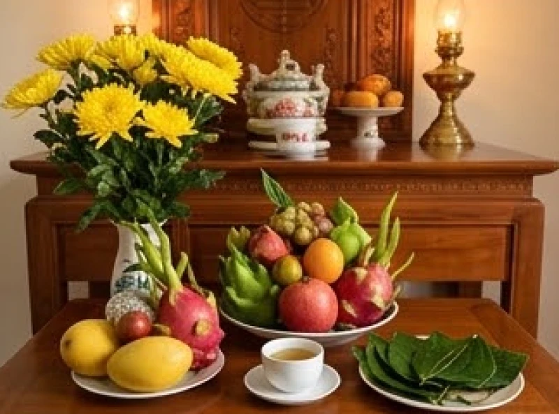 Mâm lễ vật cúng tại tư gia gồm hoa tươi trái cây nhang đèn và trầu cau được bày biện trang nghiêm