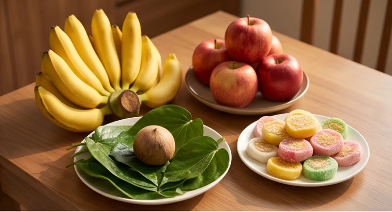 Các món đồ lễ cơ bản gồm trái cây, bánh phu thê và trầu cau được bày biện gọn gàng để cầu duyên