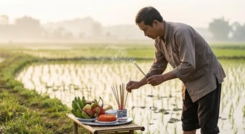 Nông dân thành tâm thắp hương trước mâm cúng cầu mùa đầu vụ cấy lúa