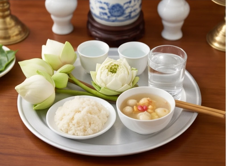 Văn khấn cầu an tại nhà: Bài khấn chuẩn và nghi thức bài bản 4 Mâm cúng chay tinh khiết dâng lên ban thờ Phật gồm xôi trắng, chè và hoa quả tươi