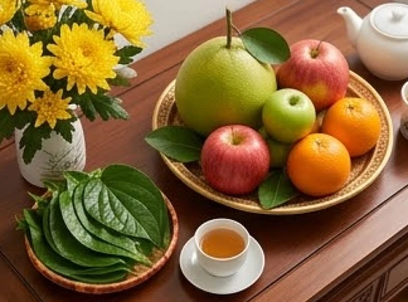 Văn khấn báo cáo gia tiên có việc vui: Bài cúng chuẩn từng hỷ sự 3 Mâm cúng chay thanh tịnh gồm trái cây tươi, hoa cúc vàng và trầu cau dâng lên bề trên