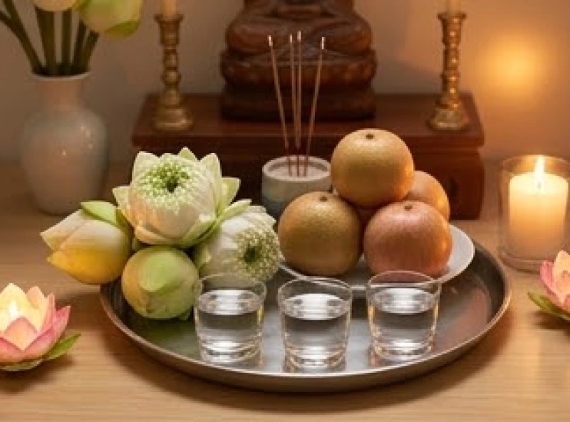 Văn khấn cầu siêu cho oan gia trái chủ: Bài cúng và sắm lễ 1 Mâm cúng chay tịnh với hương hoa quả được bày biện trang nghiêm trên bàn thờ Phật tại gia