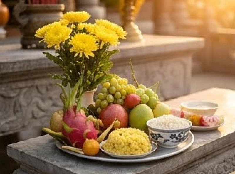 Mâm cúng chay thuần khiết gồm hoa tươi và xôi chè được sắp xếp trang trọng dâng lên Linh Sơn Thánh Mẫu