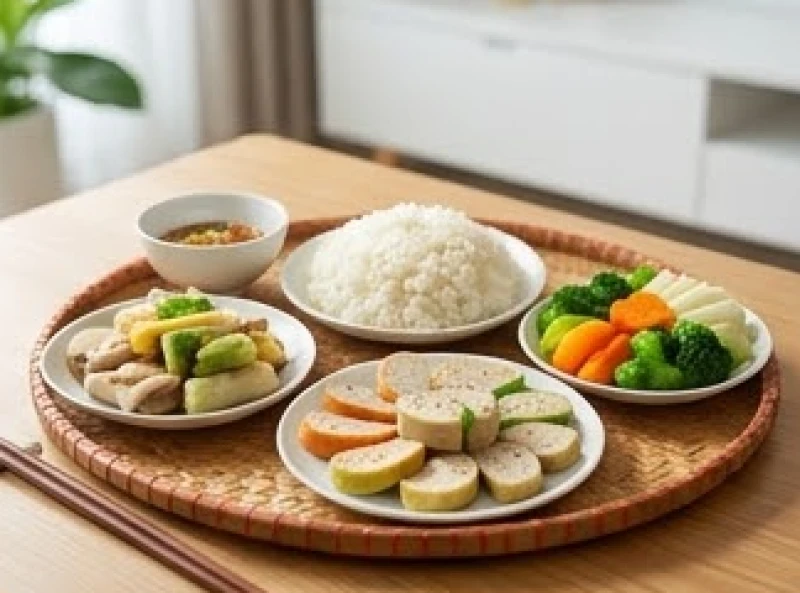 Mâm cúng chay thanh tịnh đầy đủ xôi trắng và các món rau củ luộc ngũ sắc đẹp mắt