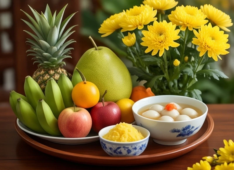 Mâm cúng chay thanh tịnh với hoa cúc vàng và trái cây tươi để giải hạn