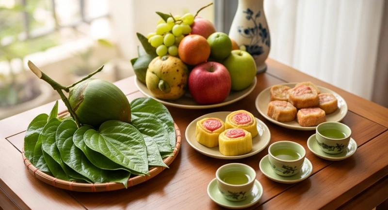 Văn khấn gia tiên mùng 1: Bài cúng chuẩn, giờ tốt & kiêng kỵ 4 Mâm lễ cúng chay mùng 1 thanh tịnh gồm trầu cau, hoa quả tươi, bánh kẹo và chén trà pha mới