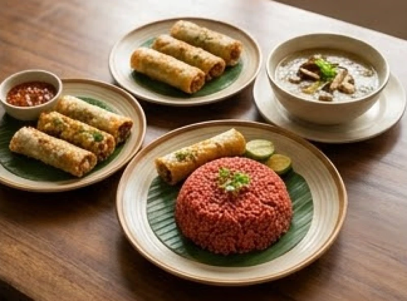 Mâm cỗ chay thanh tịnh gồm xôi gấc đỏ, nem rán chay và canh nấm dâng lên bàn thờ