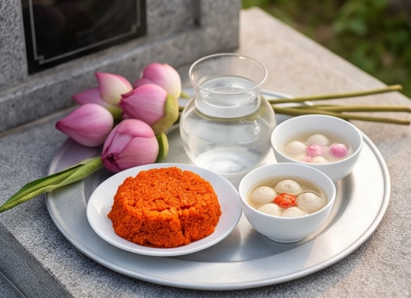 Mâm cúng chay thanh tịnh với đĩa xôi gấc đỏ tươi, chè trôi nước và hoa sen hồng dâng lên bề trên