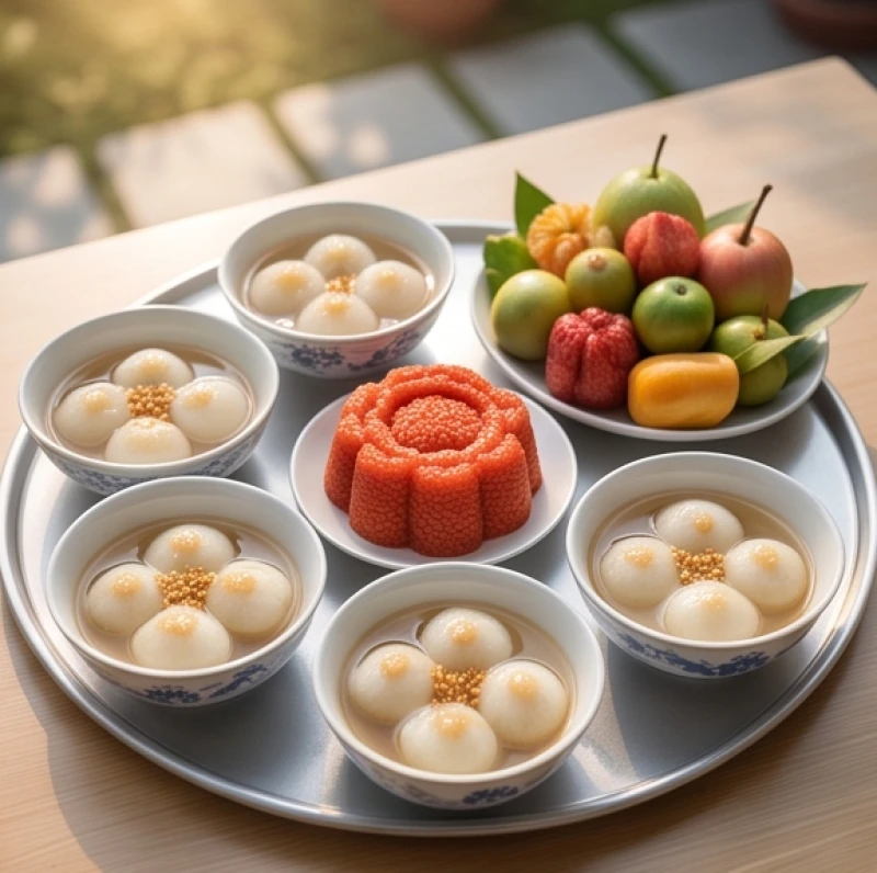 Văn khấn ngoài trời ngày rằm: Bài cúng chuẩn, vị trí và hướng lạy 3 Mâm lễ chay thanh tịnh gồm các bát chè trôi nước nhỏ, oản tài lộc màu đỏ và đĩa trái cây tươi nhiều màu sắc