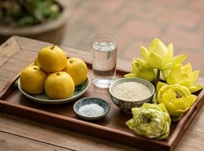 Mâm lễ chay thanh tịnh gồm hương hoa và trái cây vàng dùng để cúng sao Kế Đô