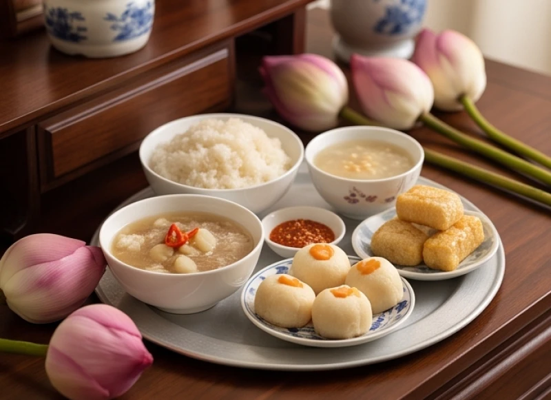 Văn khấn tạ bát hương 100 ngày: Sắm lễ và trình tự chuẩn 3 Mâm cúng chay thanh tịnh gồm xôi nếp, chè ngọt, oản và hoa quả tươi đặt trên ban thờ