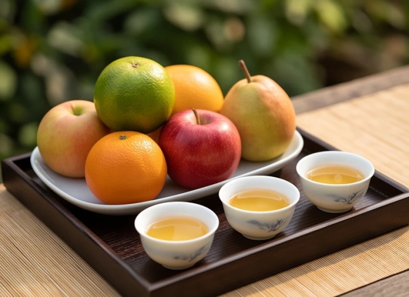 Mâm trái cây tươi ngũ sắc và ba chung trà trong vắt dâng lên vị thần cai quản
