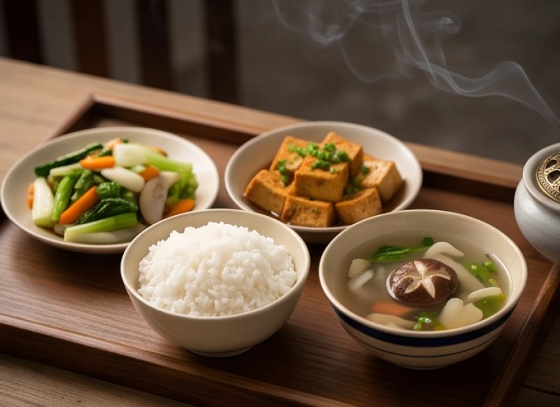 Mâm cúng chay thanh tịnh với bát cơm và chén nước dâng lên người đã khuất