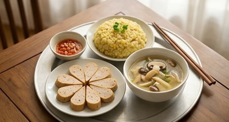 Mâm cỗ chay thanh tịnh với xôi đỗ xanh, giò chay và canh nấm được bày biện gọn gàng trên bàn gỗ