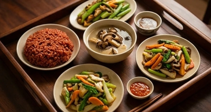 Văn khấn cúng 49 ngày chuẩn nhất: Cách sắm lễ và tính ngày giờ 5 Mâm cúng chay tươm tất gồm xôi gấc, canh nấm và các món rau củ xào dâng lên bàn thờ trong ngày chung thất