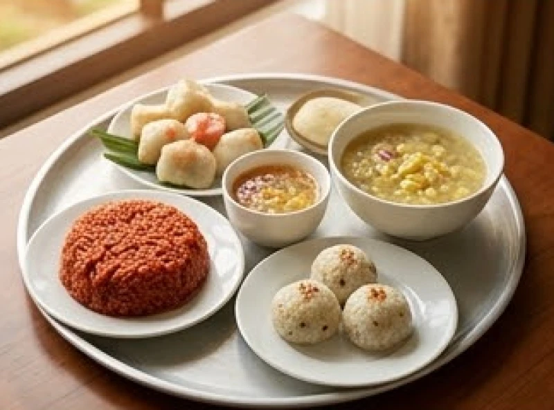 Mâm cúng chay bao gồm xôi gấc đỗ xanh, chè ngọt và bánh trôi được bày biện đẹp mắt trên đĩa sứ
