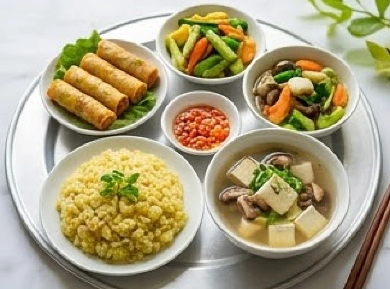 Mâm cúng chay tươm tất với đĩa xôi đỗ xanh, giò lụa chay, nem rán và bát canh nấm thanh mát đẹp mắt