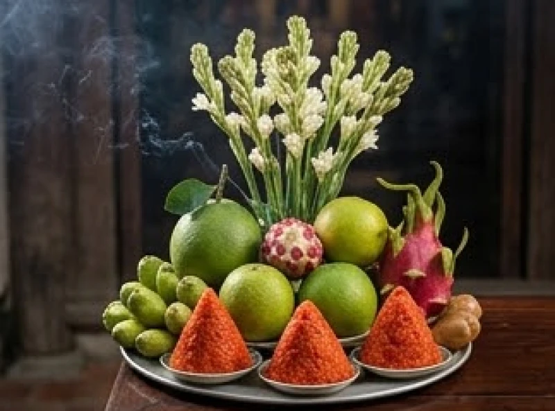Văn khấn tạ lễ Bà Cậu: Cách sắm mâm cúng và bài cúng trả lễ 3 Mâm lễ chay thanh tịnh gồm ngũ quả tươi ngon, hoa huệ trắng và oản đỏ được dâng lên ban thờ Bà Cậu