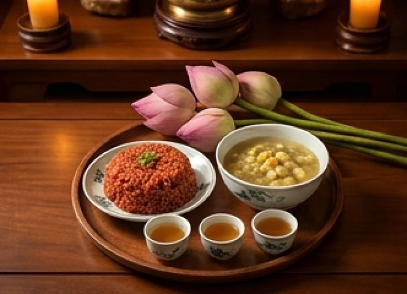 Văn khấn Thổ Công ngày rằm: Bài cúng chuẩn và quy trình hạ lễ 5 Đĩa xôi gấc đỏ rực bên cạnh bát chè hoa cau ngọt ngào trong mâm cúng chay đặt trên bàn thờ