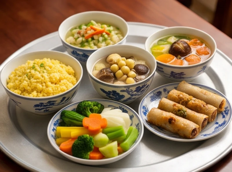 Mâm cúng chay thanh tịnh rực rỡ sắc màu với xôi đậu xanh, canh nấm hạt sen và rau củ luộc ngũ sắc