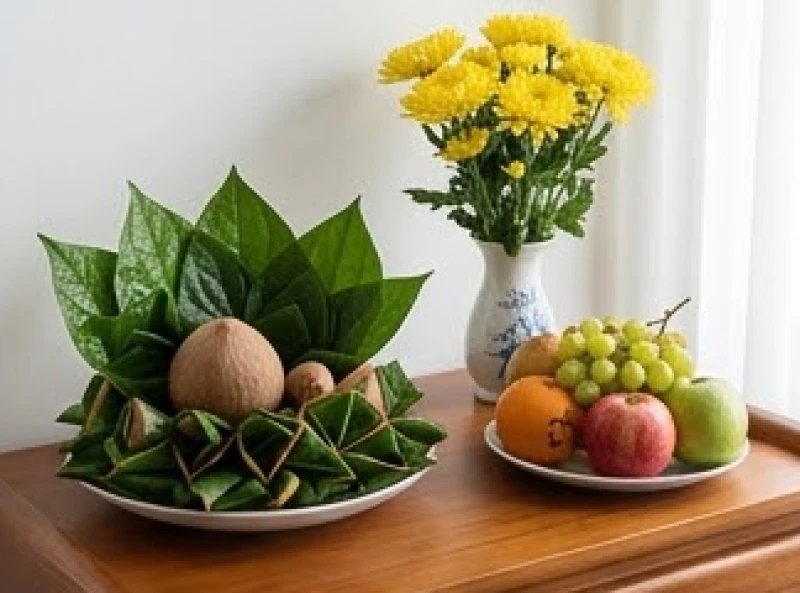 Mâm lễ chay cúng Thổ Công gồm quả cau, lá trầu têm cánh phượng, hoa cúc vàng và đĩa ngũ quả tươi