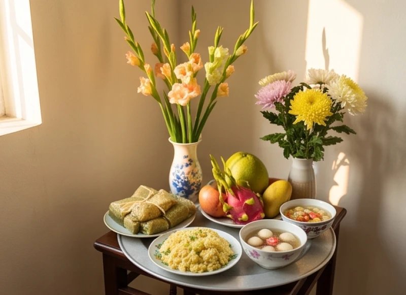 Mâm cúng chay thanh tịnh với xôi đậu xanh, chè trôi nước và hoa tươi dành cho lễ xuất hành