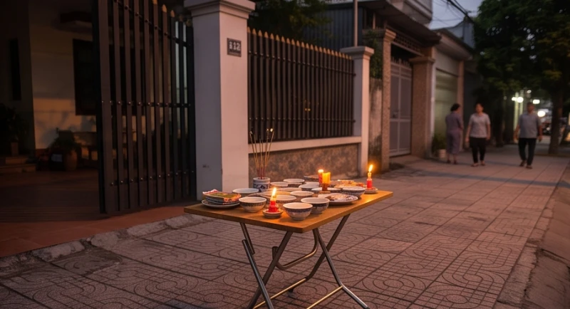 Văn khấn cúng cô hồn ngoài trời: Bản chuẩn, ngắn gọn & cách cúng 1 Bàn lễ cúng chúng sinh được đặt bên ngoài cổng nhà với các vật phẩm chay tịnh