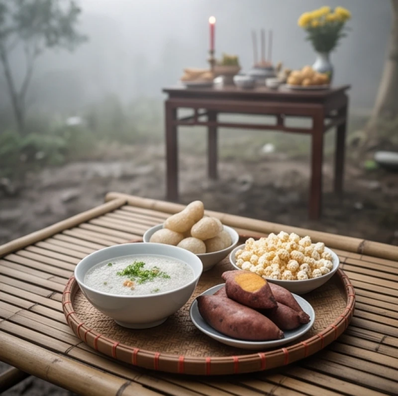 Văn khấn ngoài trời ngày rằm: Bài cúng chuẩn, vị trí và hướng lạy 9 Mâm lễ cúng chúng sinh đặt trên mẹt sát mặt đất với cháo loãng, khoai luộc và bỏng ngô trong dịp rằm tháng Bảy