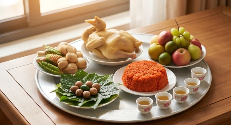 Văn khấn chuộc nhà khi mượn tuổi: Toàn văn bài khấn và mẫu giấy 2 Mâm lễ vật cúng chuộc nhà được bày trí đẹp mắt với xôi gấc, gà luộc và trầu cau