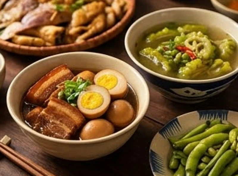 Mâm cúng gia tiên miền Nam với thịt kho hột vịt và canh khổ qua nhồi thịt