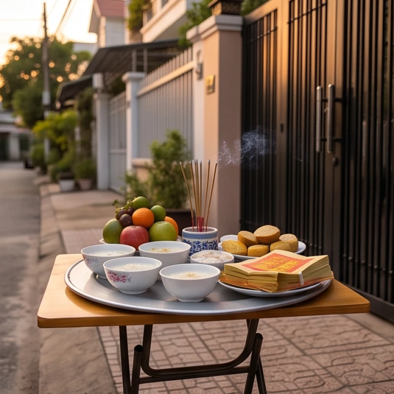 Mâm cúng chúng sinh đầy đủ lễ vật được bày biện trang nghiêm trước cổng nhà để chuẩn bị hành lễ