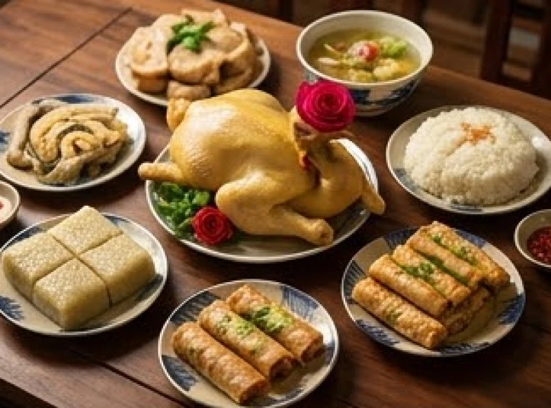 Mâm cúng gia tiên miền Bắc truyền thống gồm bánh chưng gà luộc và nem rán