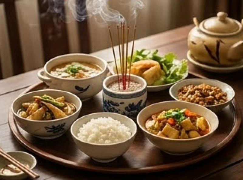 Mâm cúng cơm nóng hổi được bày biện ngay ngắn trên bàn để dâng lên người thân đã khuất