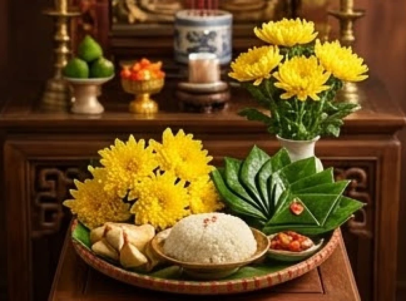 Chọn ngày tốt cho tuổi Hợi: Bảng tra cứu và tránh phạm kỵ 9 Mâm lễ vật tươm tất gồm xôi đỗ xanh cúc vàng và trầu cau têm cánh phượng đặt trang nghiêm