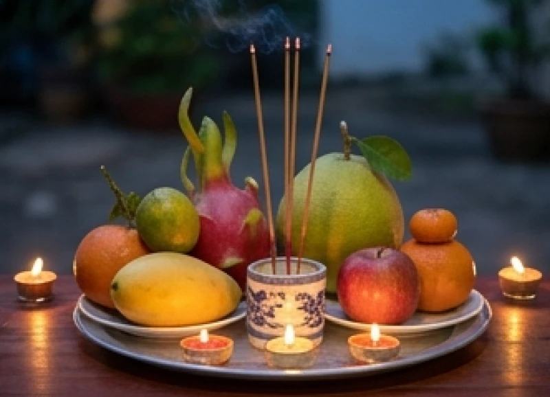 Mâm cúng giải hạn tại nhà với trái cây ngũ sắc, nến và bài vị màu vàng rực rỡ