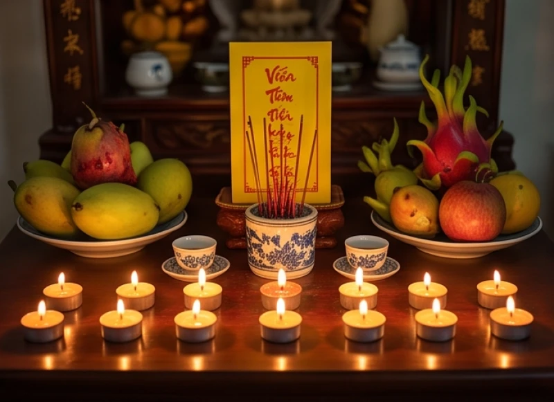 Mâm lễ cúng dâng sao La Hầu được chuẩn bị trang nghiêm với 9 ngọn nến và bài vị màu vàng