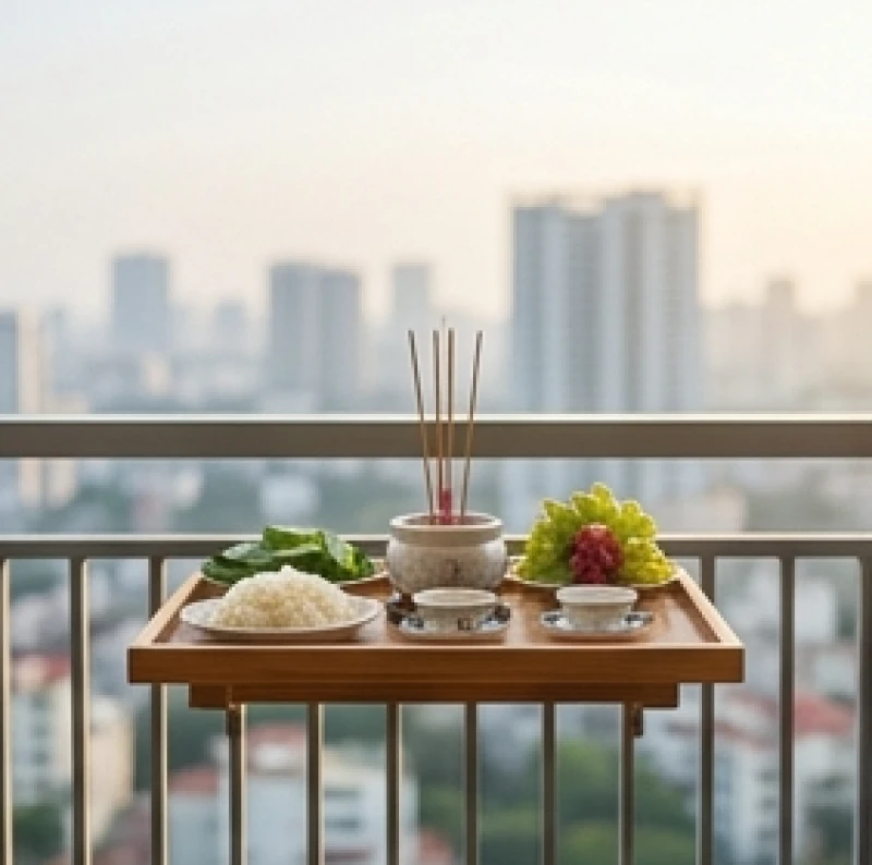 Văn khấn ông chủ đất bà chủ đất: Bài cúng chuẩn cầu an, bán nhà 2 Mâm cúng thần linh đất đai được bày biện gọn gàng tại khu vực ban công của một căn hộ chung cư hiện đại