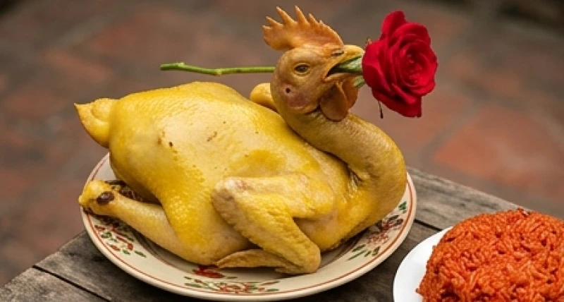 Mâm lễ mặn cúng Thổ thần với gà trống luộc ngậm hoa hồng và đĩa xôi gấc đỏ tươi