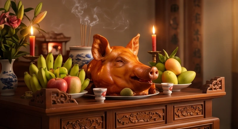 Mơ thấy heo: Giải mã điềm báo, mẹo hóa giải & con số may mắn 4 Mâm lễ trang trọng với đầu lợn quay vàng ươm đặt trên ban thờ gia tiên nghi ngút khói hương