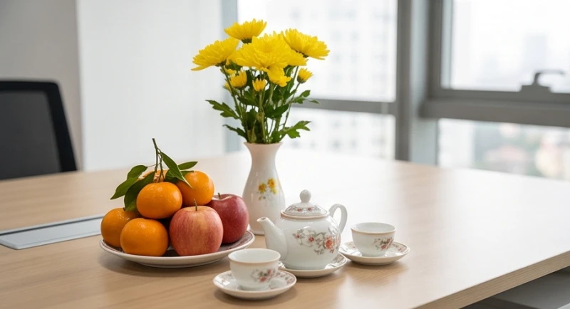 Mâm lễ vật đơn giản dâng cùng bài văn khấn khai trương văn phòng dịp đầu xuân với ngũ quả và hoa tươi
