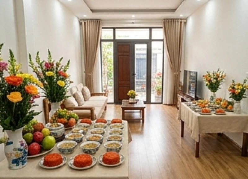 Không gian lễ cúng đầy tháng với hai bàn thờ được bày biện tươm tất hướng ra cửa chính để đón phúc lành