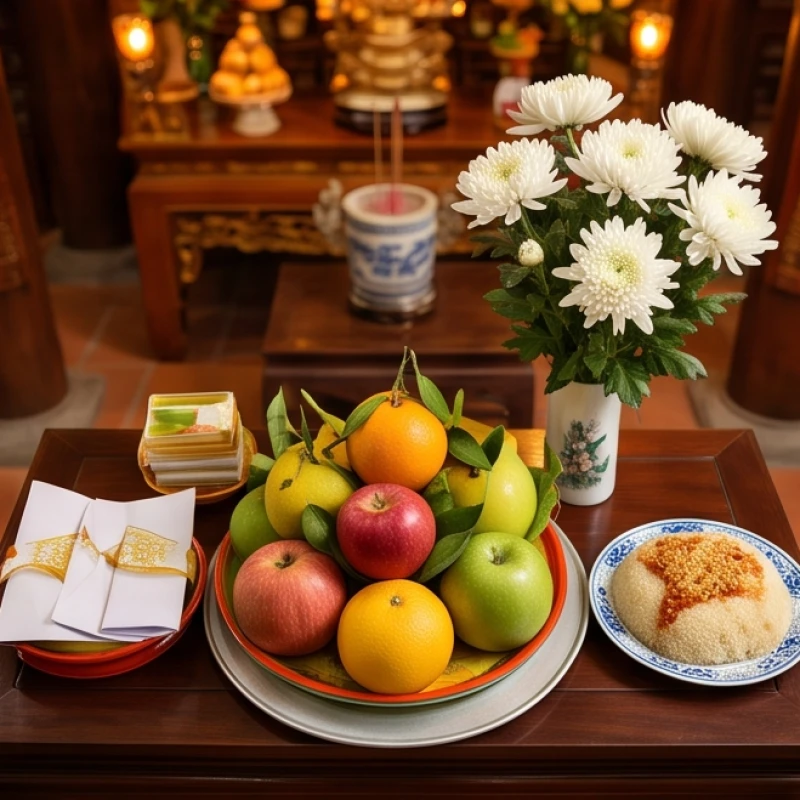 Tổng thể mâm lễ mặn và lễ ngọt được sắp xếp chỉn chu dâng lên các chư vị thần linh bản đền