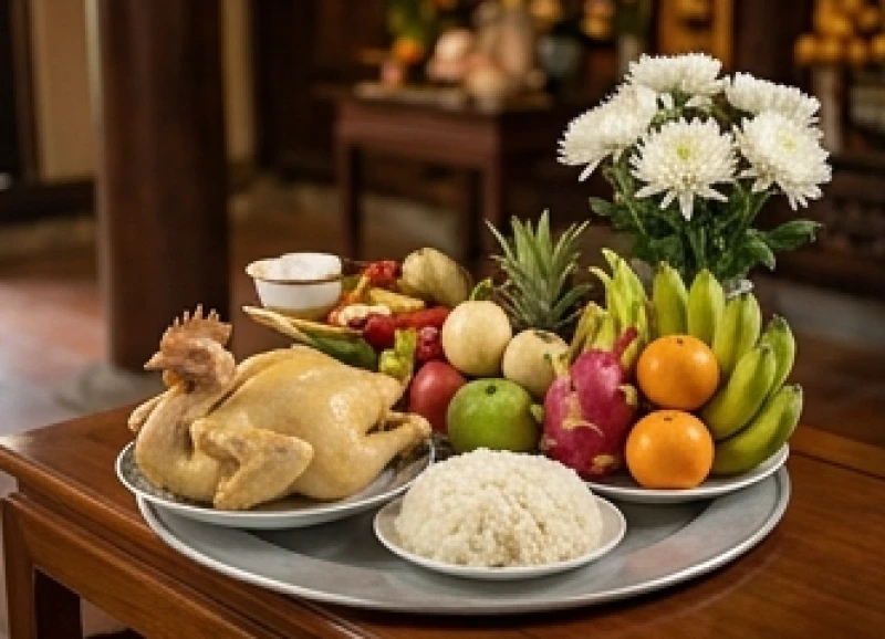 Mâm lễ vật chay mặn kết hợp hài hòa với xôi gà và hoa quả tươi dâng lên ban thờ
