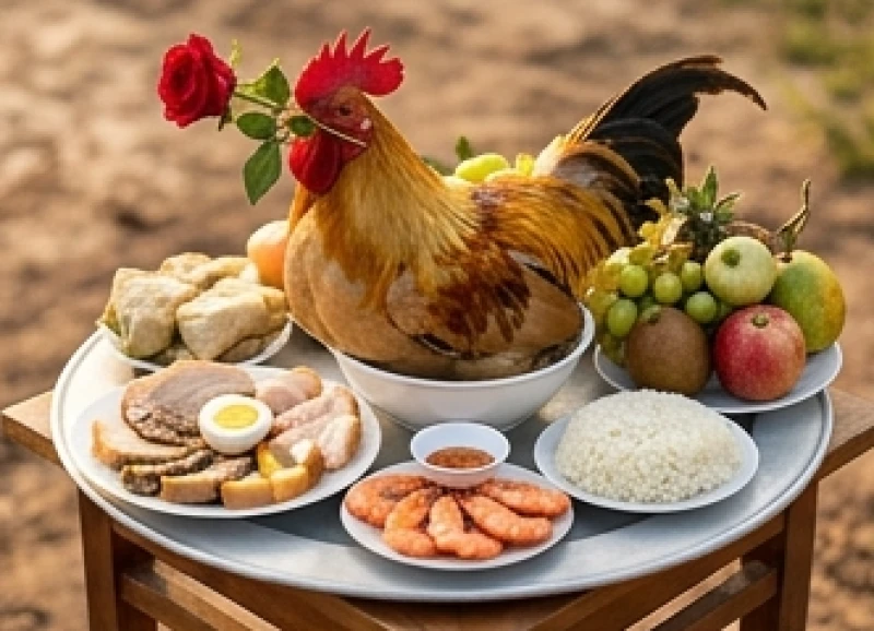Tuổi Thân Động Thổ Ngày Nào Tốt: Lịch Ngũ Hành & Mâm Cúng 7 Mâm cúng động thổ đầy đủ gồm gà trống luộc, xôi và bộ tam sên dâng lên thần linh thổ địa